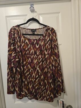 I.N. Studio Multicolor Printed Long Sleeve Blouse - Burgundy, Mustard, Cream